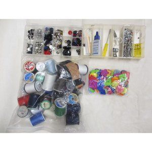 LOT OF 4 ITEMS OF SEWING SUPPLIES, LARGE BAG THREAD, BUTTONS, 2 BOXES WITH MISC